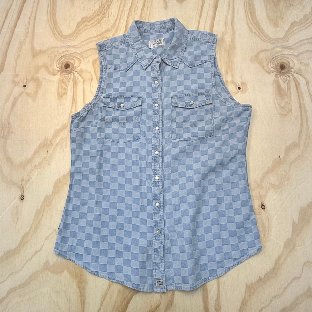 Kimes Ranch Light Blue Checkered Sleeveless Button-Down Shirt